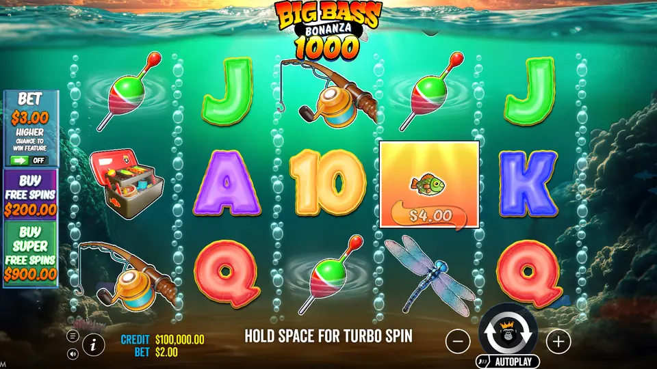 Стартовый экран Big Bass Bonanza 1000 с рыбаком и логотипом 1000